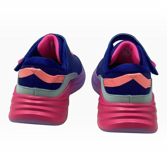 The Shoe Shop Wave 92 Imara Lite kids' sneakers in blue with pink and aqua accents, showing the cushioned heel view.