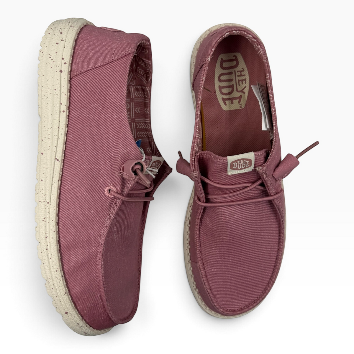 The Shoe Shop Wendy Stretch slip-on shoes in dusty rose canvas with a speckled off-white sole and elastic laces.