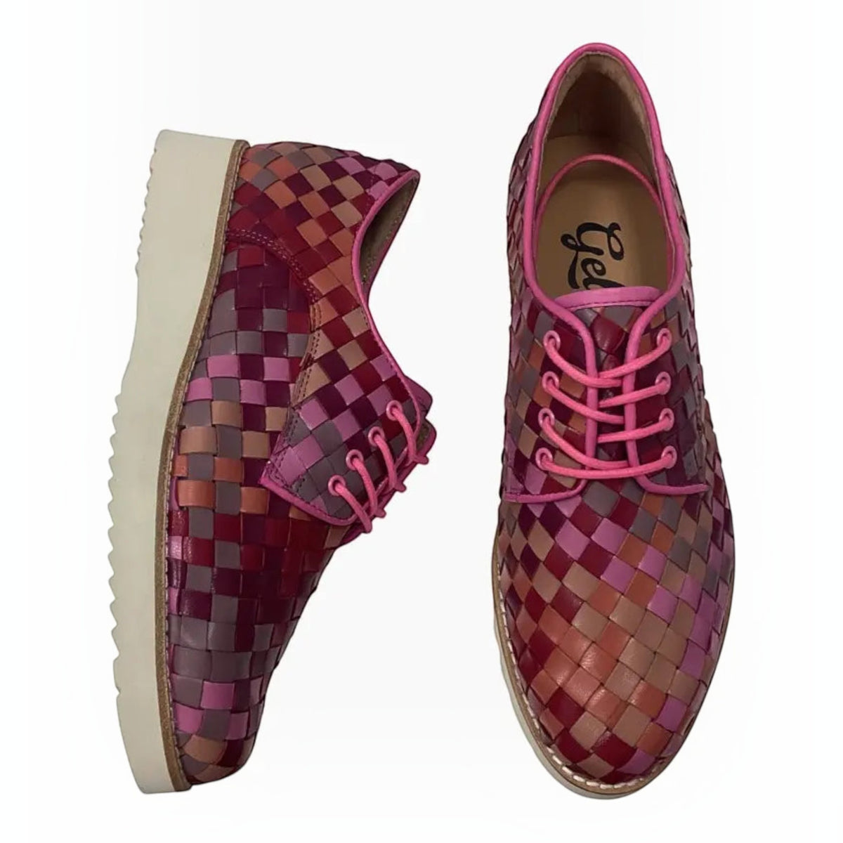The Shoe Shop Gelato Addiction derby sneakers in pink and red woven leather with a white platform wedge sole