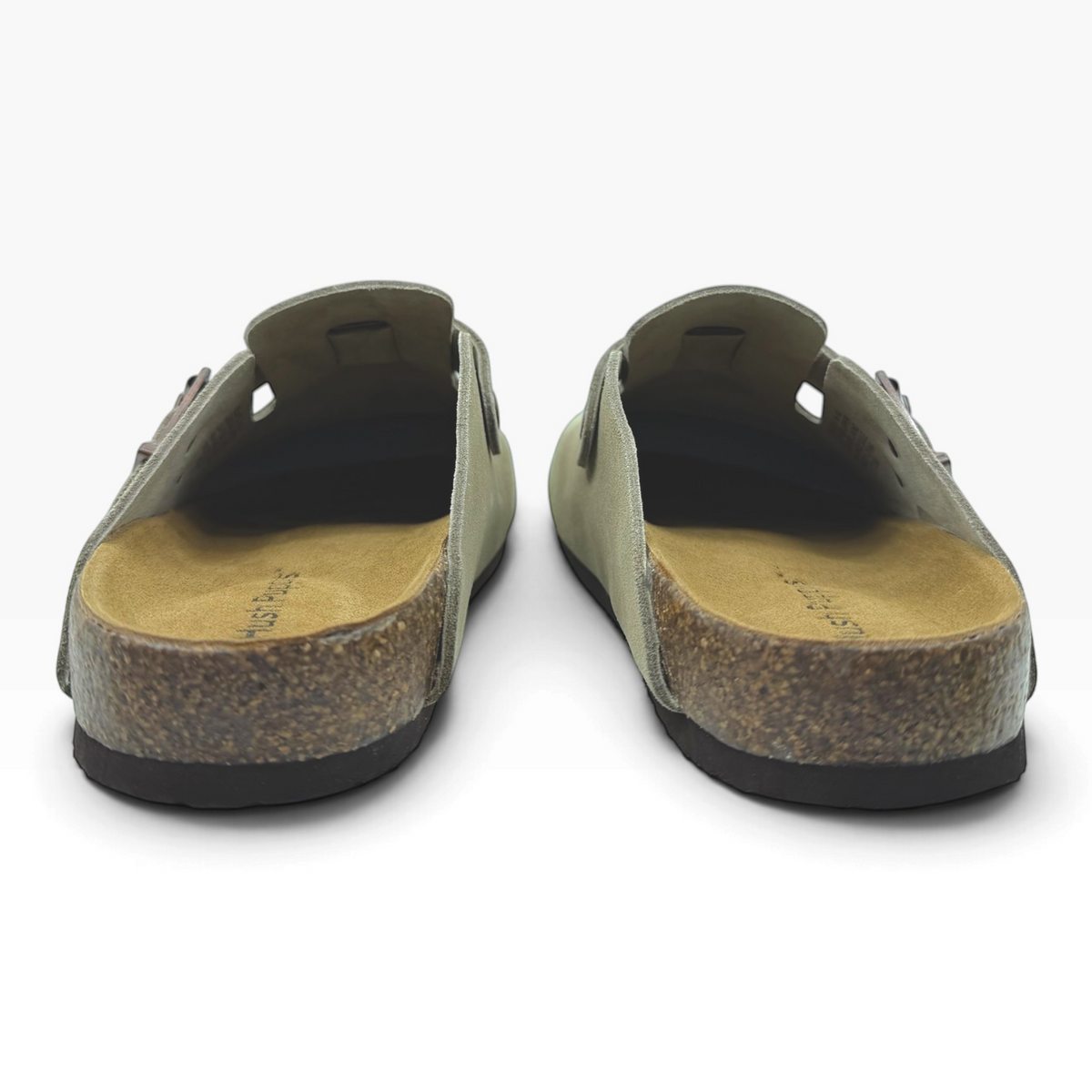 The Shoe Shop Blakely M suede clogs featuring a cork-wrapped memory foam footbed and durable rubber outsole, rear view.