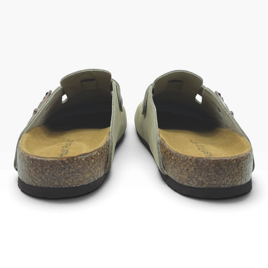 The Shoe Shop Blakely M suede clogs featuring a cork-wrapped memory foam footbed and durable rubber outsole, rear view.