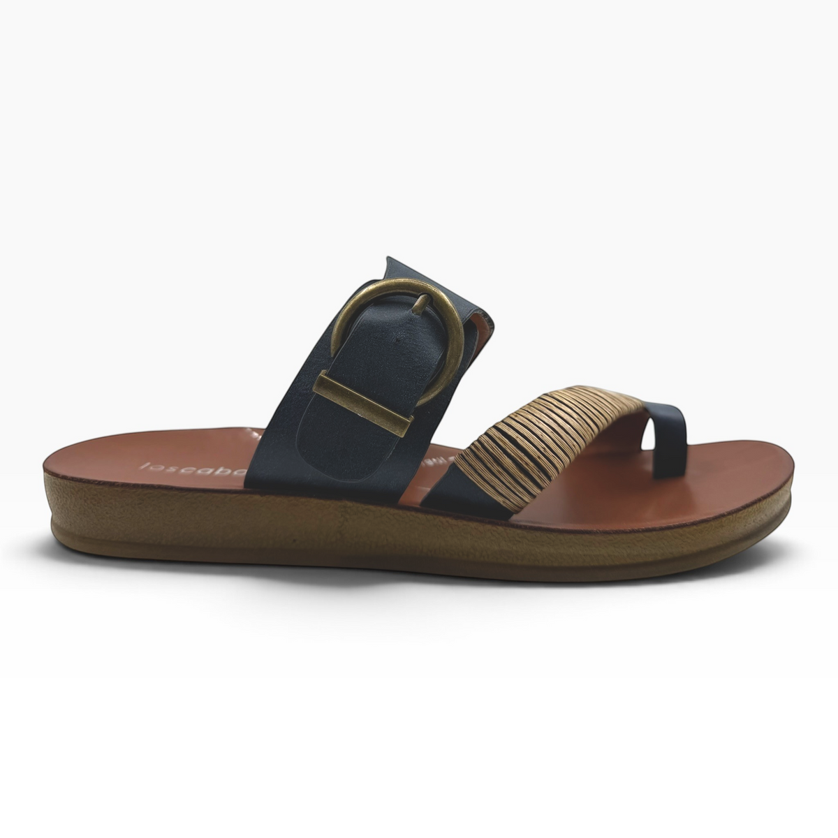 The Shoe Shop Bria sandal featuring a navy strap with antique buckle and natural bamboo-wrapped toe detail.