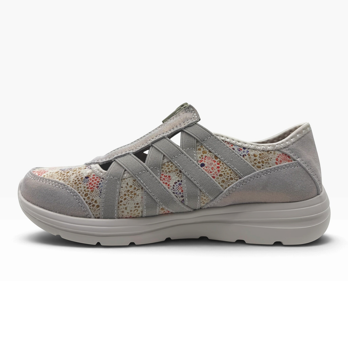 The Shoe Shop Callum Casual Flat in grey suede with floral textile details and elasticated cross-straps.