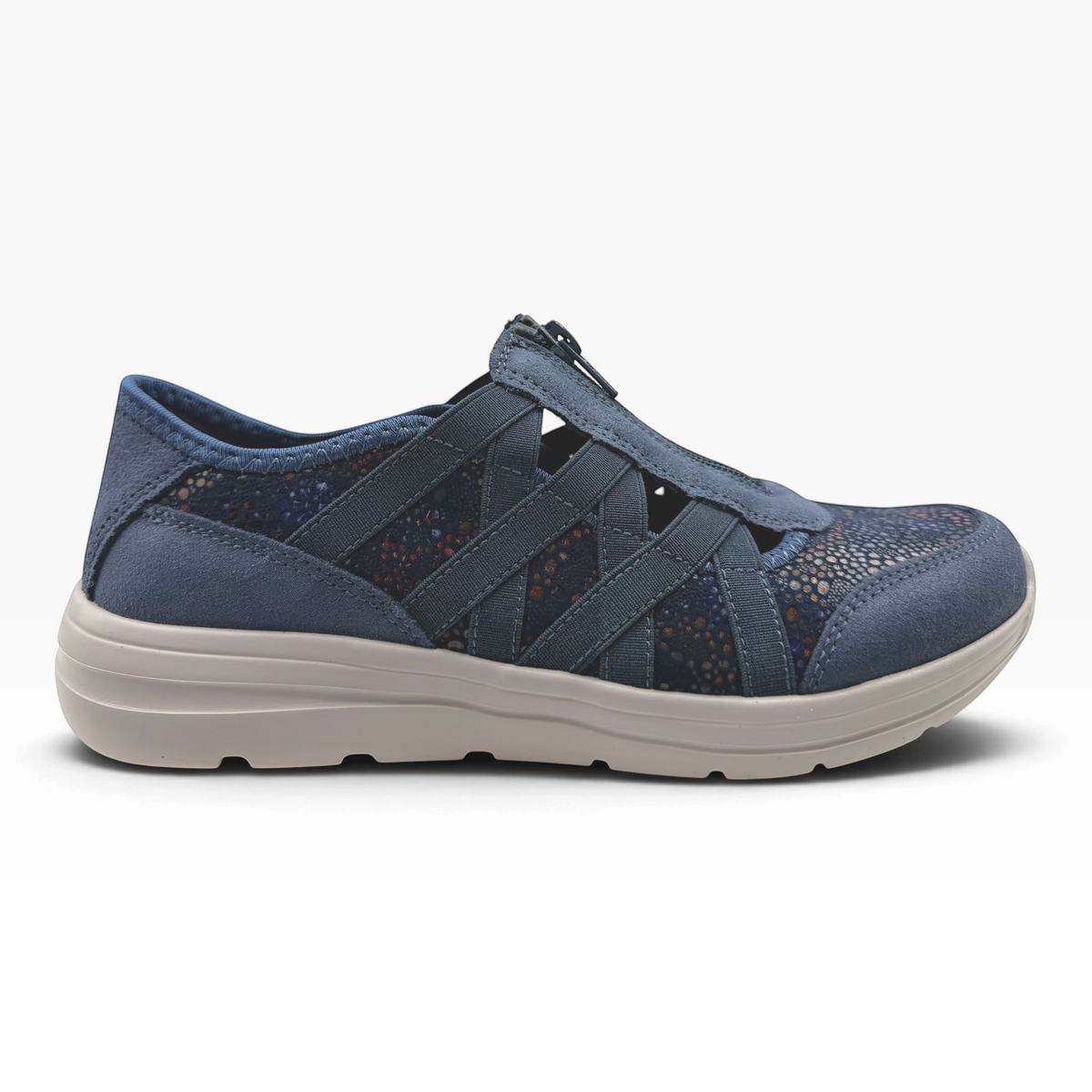 The Shoe Shop Callum casual flat in navy suede with floral textile details, elastic cross-straps, and cushioned sole.
