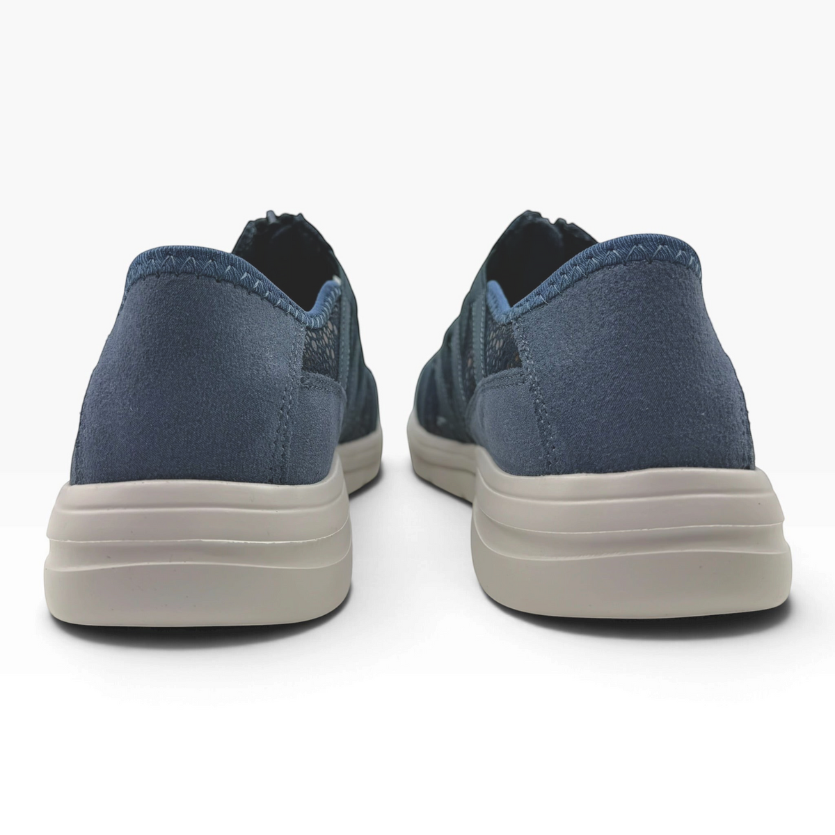 The Shoe Shop Callum Casual Flat in navy suede with a lightweight cushioned sole, rear view of slip-on design.