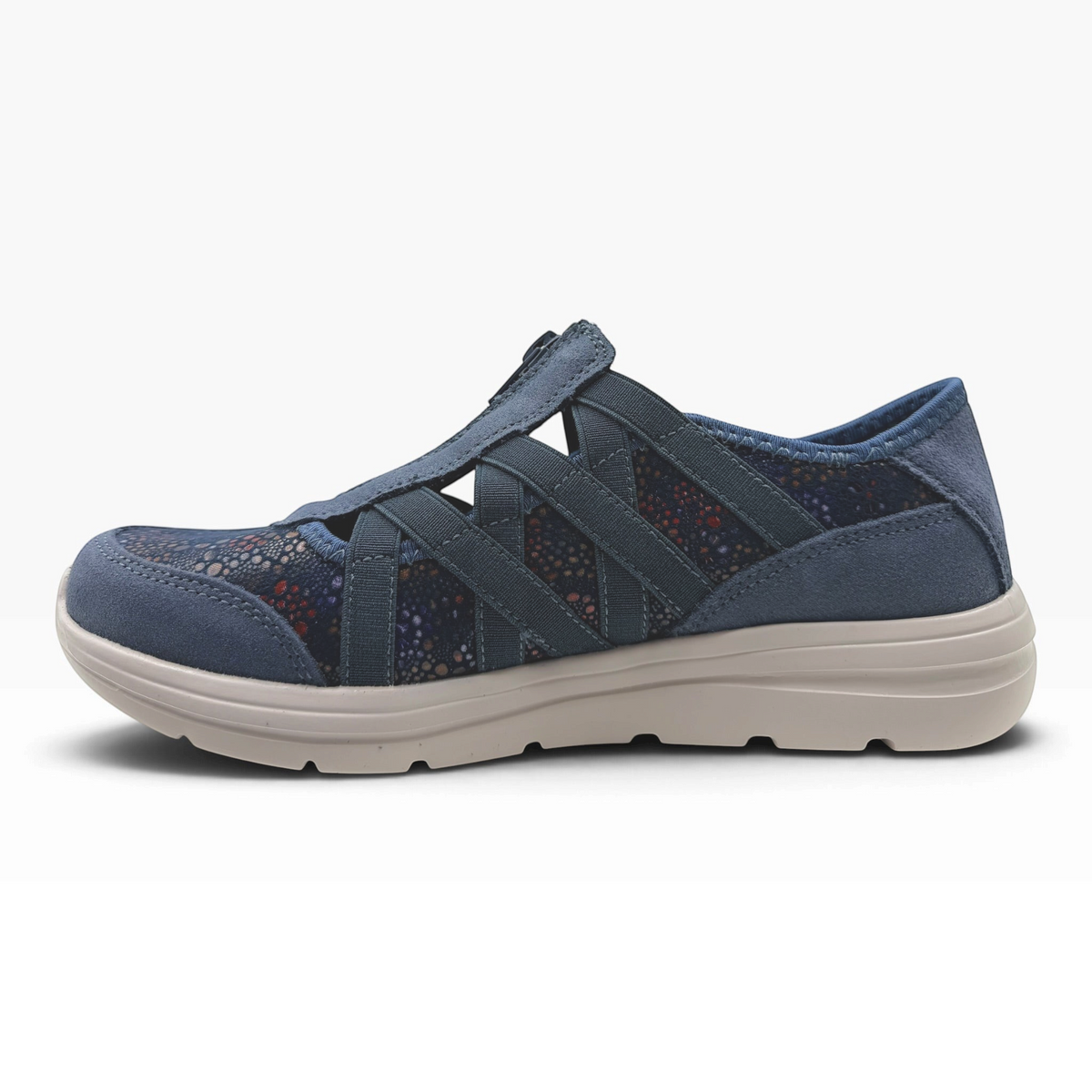 The Shoe Shop Callum Casual Flat in navy suede with floral textile inserts and an elasticated cross-strap design.