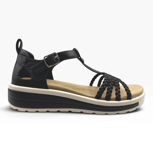 The Shoe Shop Havana black braided leather flatform sandal with an adjustable buckle and cushioned footbed.