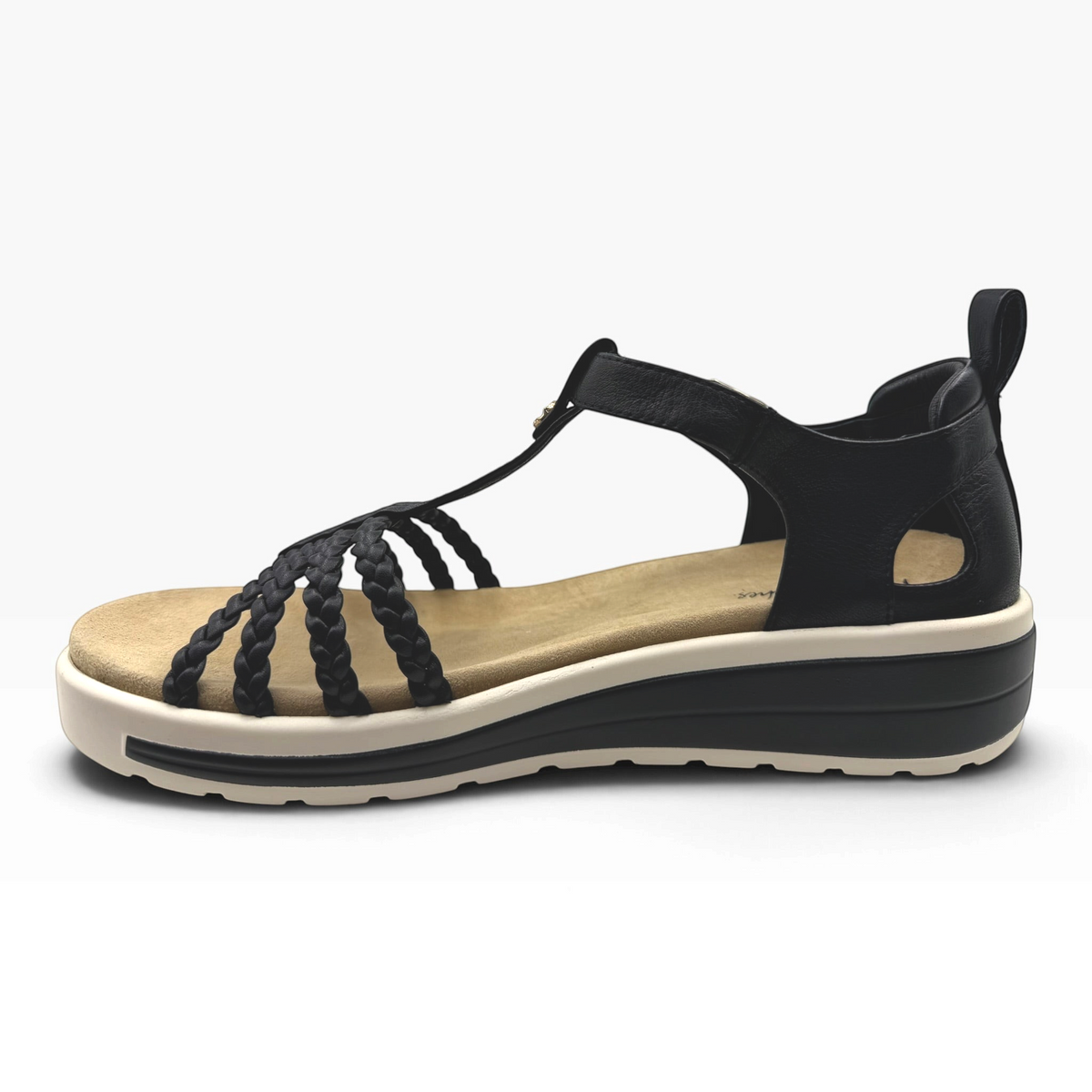 The Shoe Shop Havana Sandal featuring black braided leather straps, a cushioned footbed, and a white flatform sole.