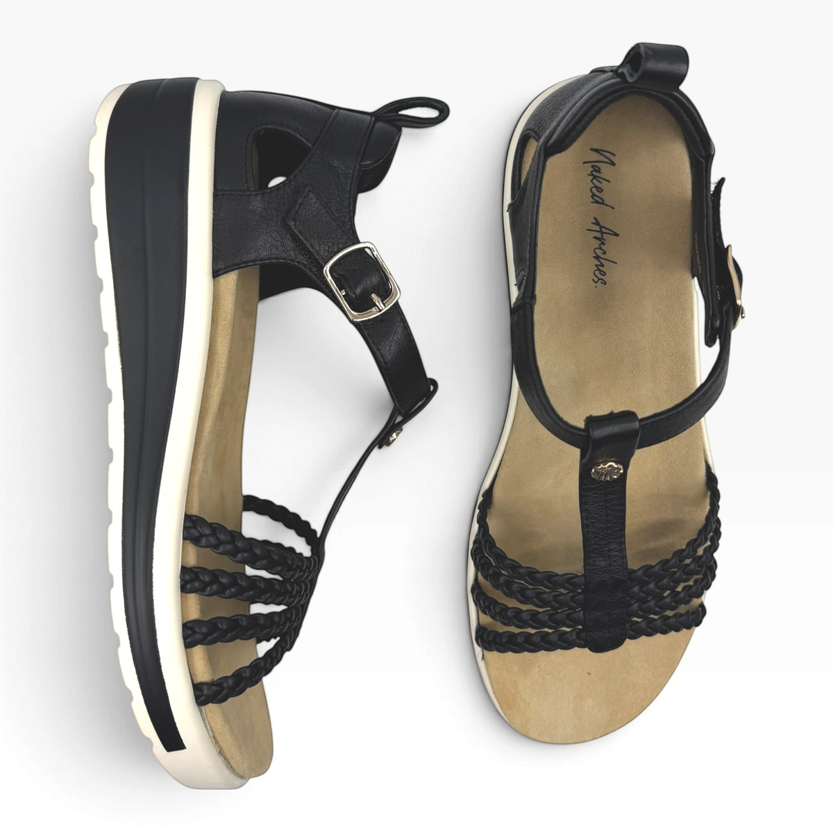 The Shoe Shop Havana black braided leather flatform sandals with adjustable buckle and cushioned beige footbed.