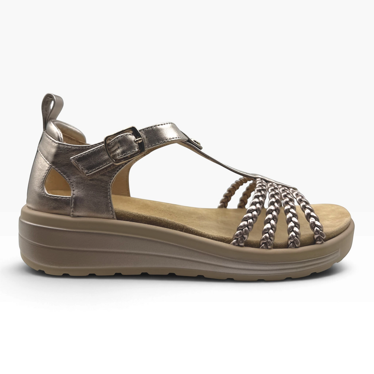 The Shoe Shop Havana Sandal in metallic bronze with braided leather straps, adjustable buckle, and flatform sole.