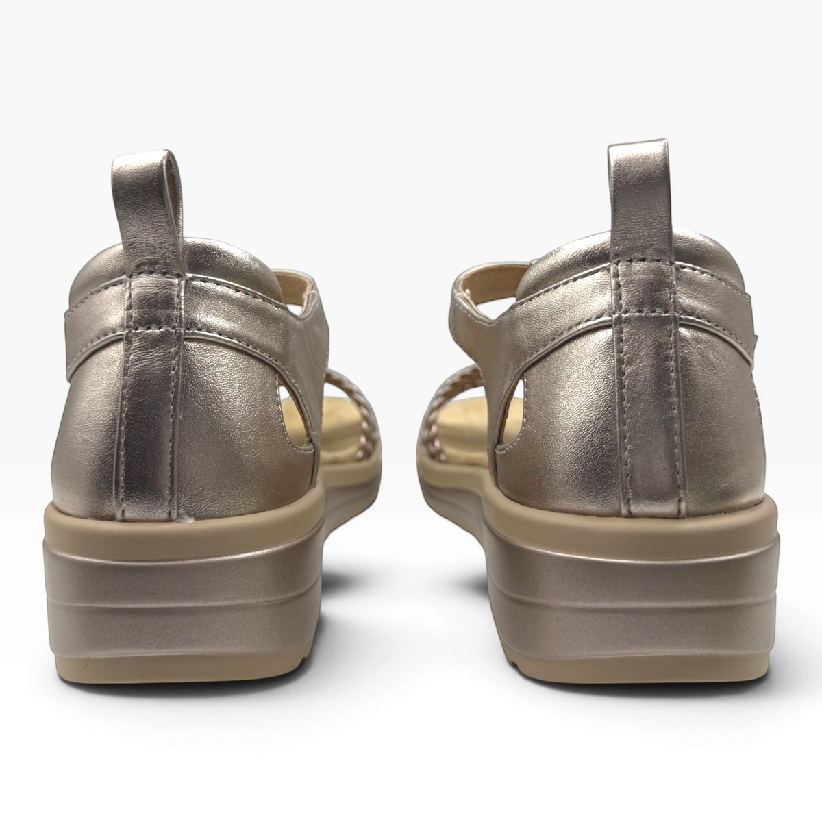 Back view of The Shoe Shop Havana metallic leather flatform sandals with cushioned footbeds and rubber soles.