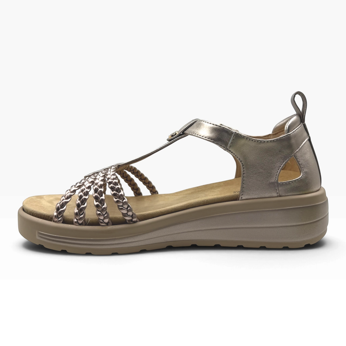 The Shoe Shop Havana Sandal in metallic bronze with braided leather straps and a comfortable flatform rubber sole.