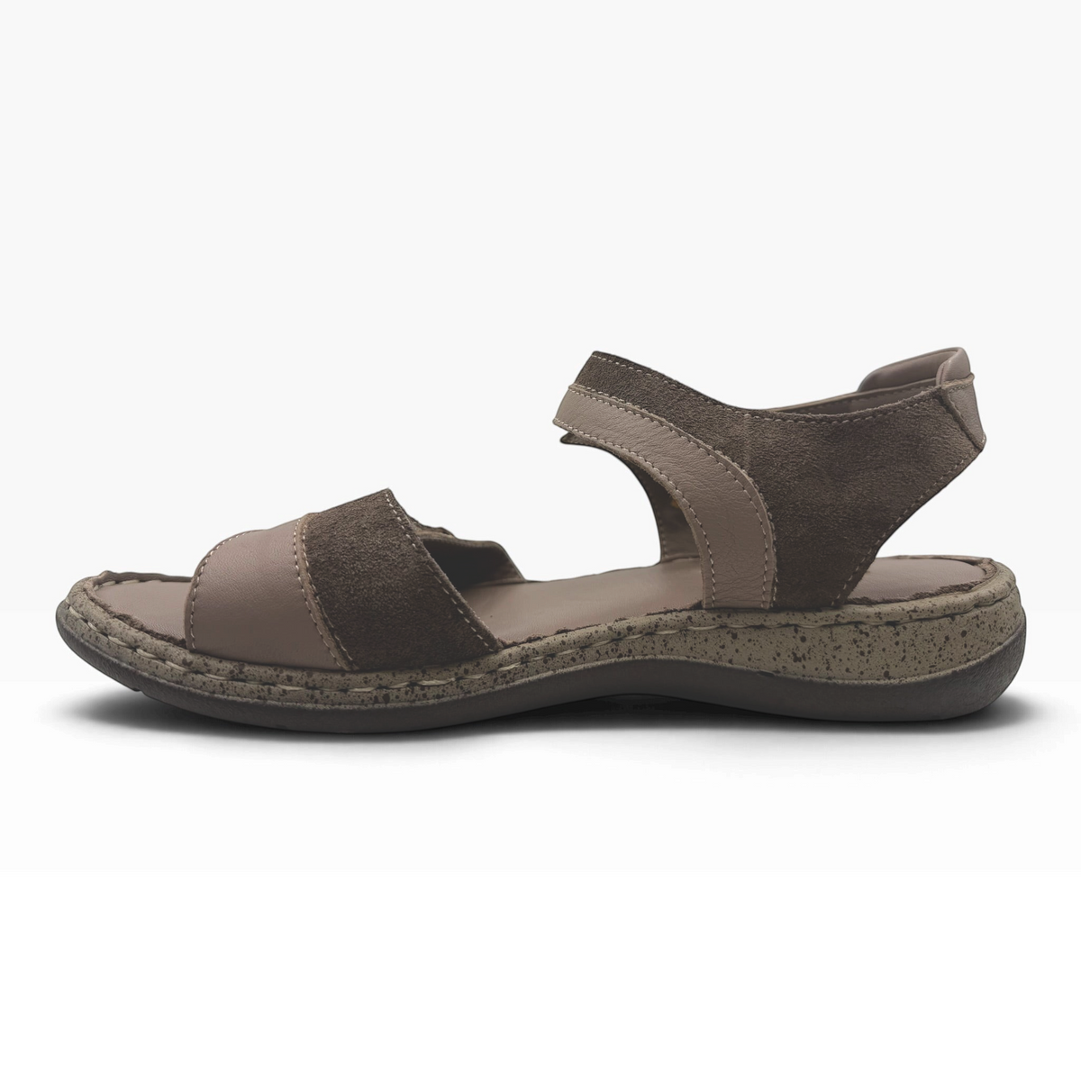 The Shoe Shop Meteor Sandal in brown leather and suede with adjustable Velcro straps and a cushioned footbed.