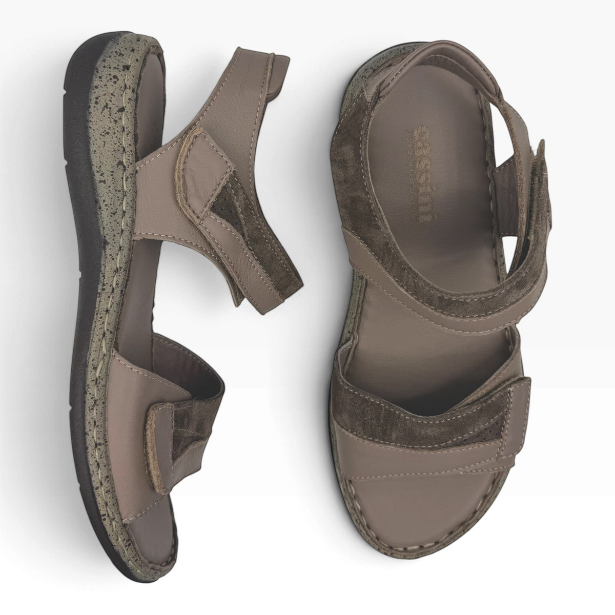 The Shoe Shop Meteor sandals in taupe leather and suede with adjustable Velcro straps and a cushioned footbed.