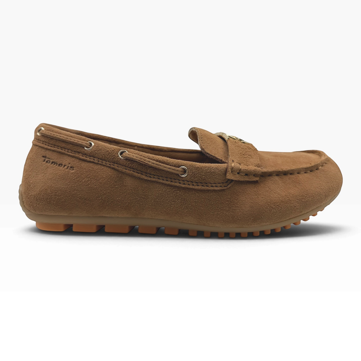 The Shoe Shop 24630 cognac suede loafer with gold-tone hardware and a flexible rubber driving sole