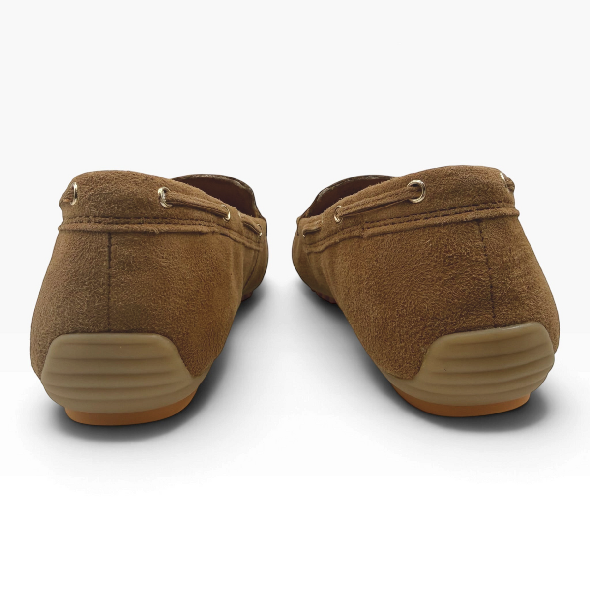 The Shoe Shop 24630 cognac suede loafers featuring a flexible rubber driving sole and gold-tone hardware details.
