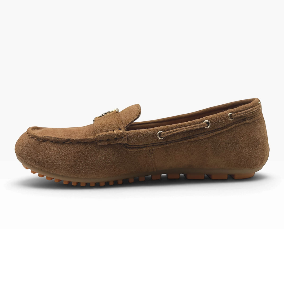 The Shoe Shop 24630 cognac suede loafer with gold-tone hardware and a flexible rubber driving sole