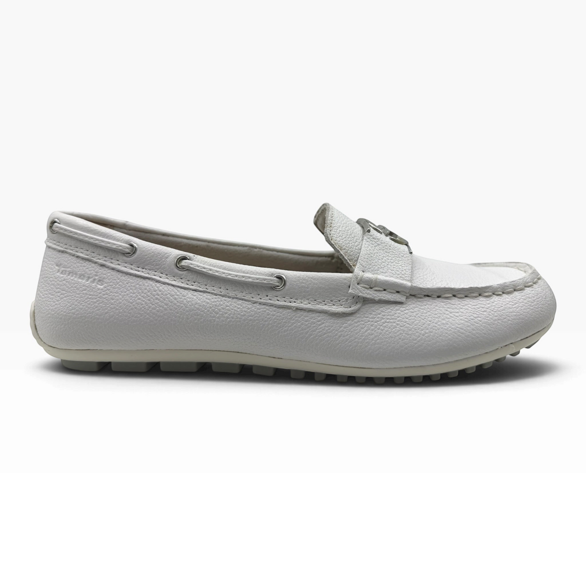 The Shoe Shop 24630 white leather loafer with gold-tone hardware and flexible rubber driving sole