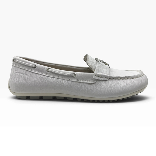 The Shoe Shop 24630 white leather loafer with gold-tone hardware and flexible rubber driving sole