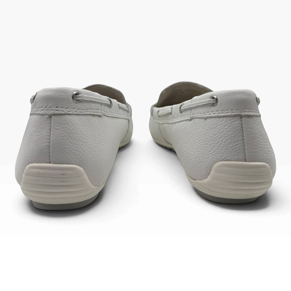 The Shoe Shop 24630 white leather loafers featuring a flexible driving sole and rear heel grip detail