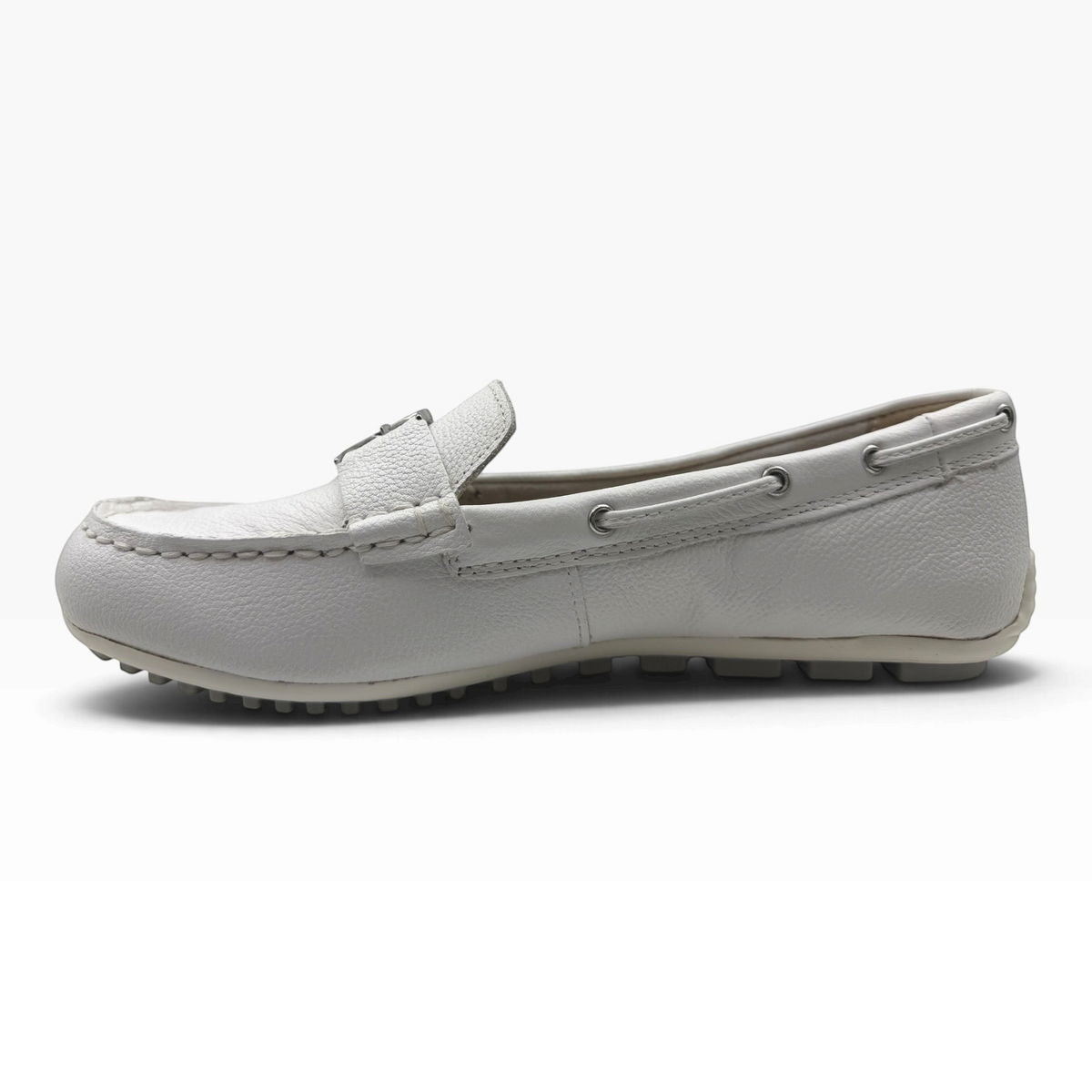 The Shoe Shop 24630 white leather loafer with gold-tone hardware and a flexible rubber driving sole.