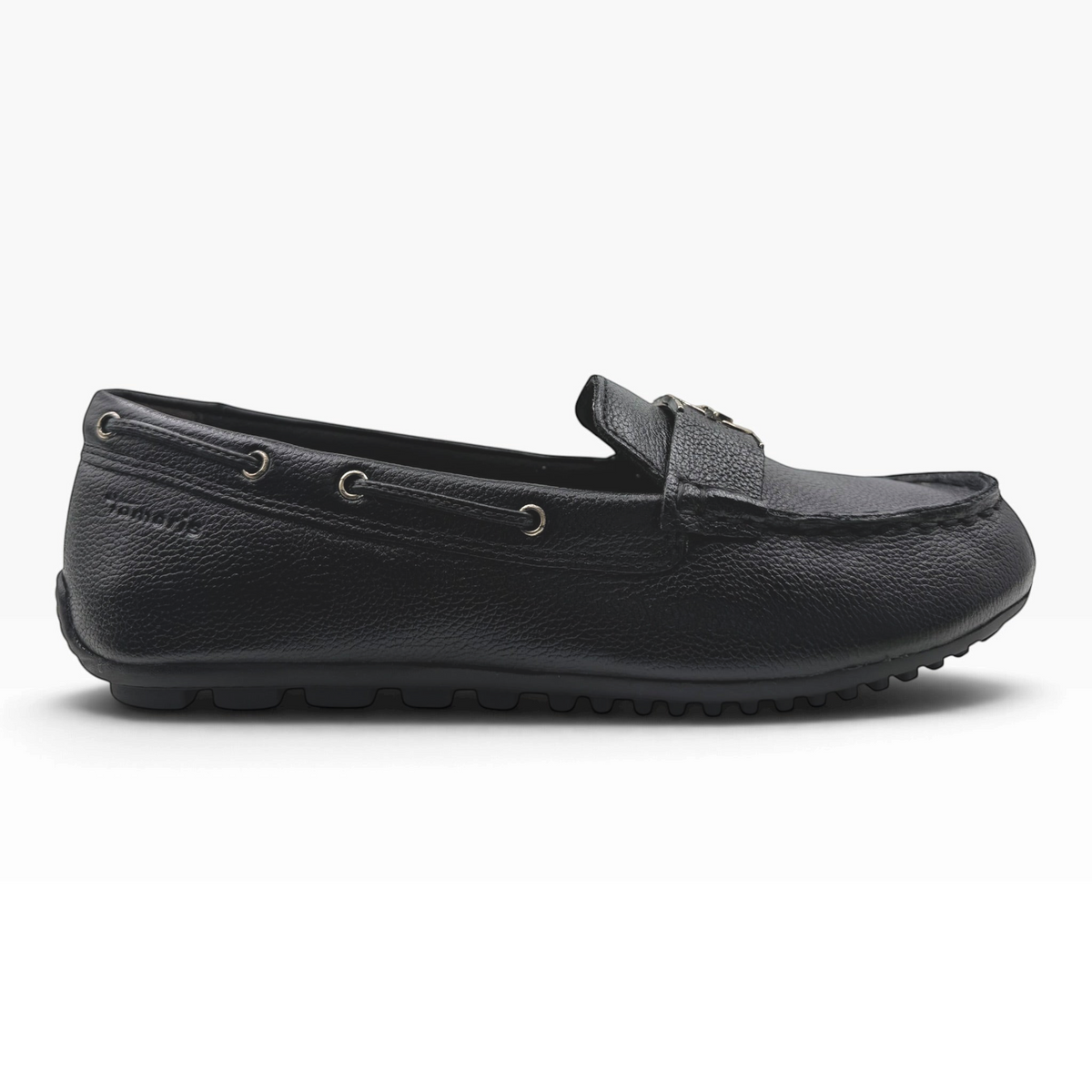 The Shoe Shop 24630 black leather loafer with gold-tone hardware and a flexible rubber driving sole.
