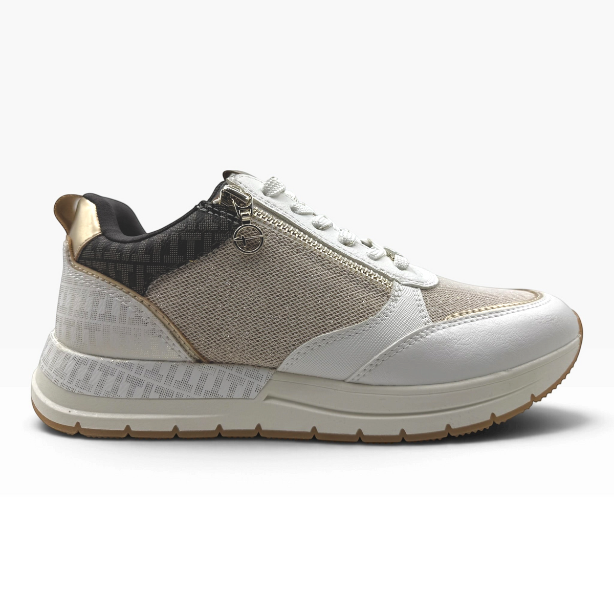 The Shoe Shop 23732 sneaker in white and beige leather and mesh with gold accents, side zip, and cushioned sole.