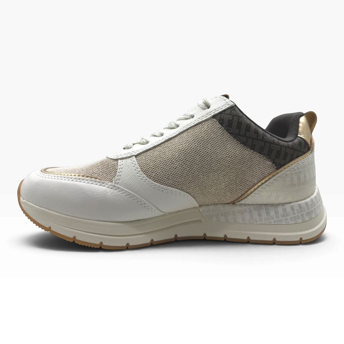The Shoe Shop 23732 sneaker in beige and white leather and mesh with gold accents and a side zip detail