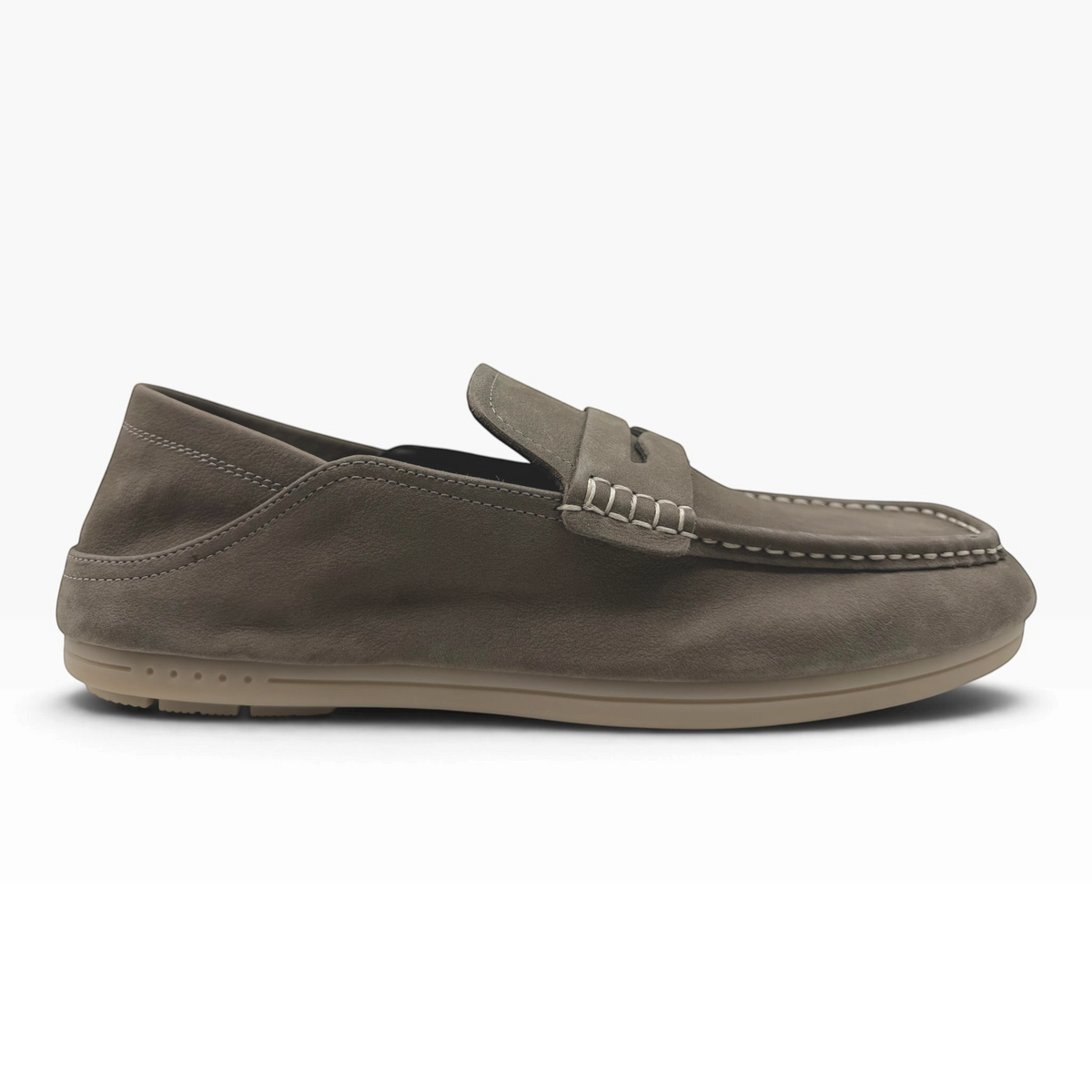The Shoe Shop Flint grey nubuck leather penny loafer with moc-toe stitching and a flexible gum rubber sole.
