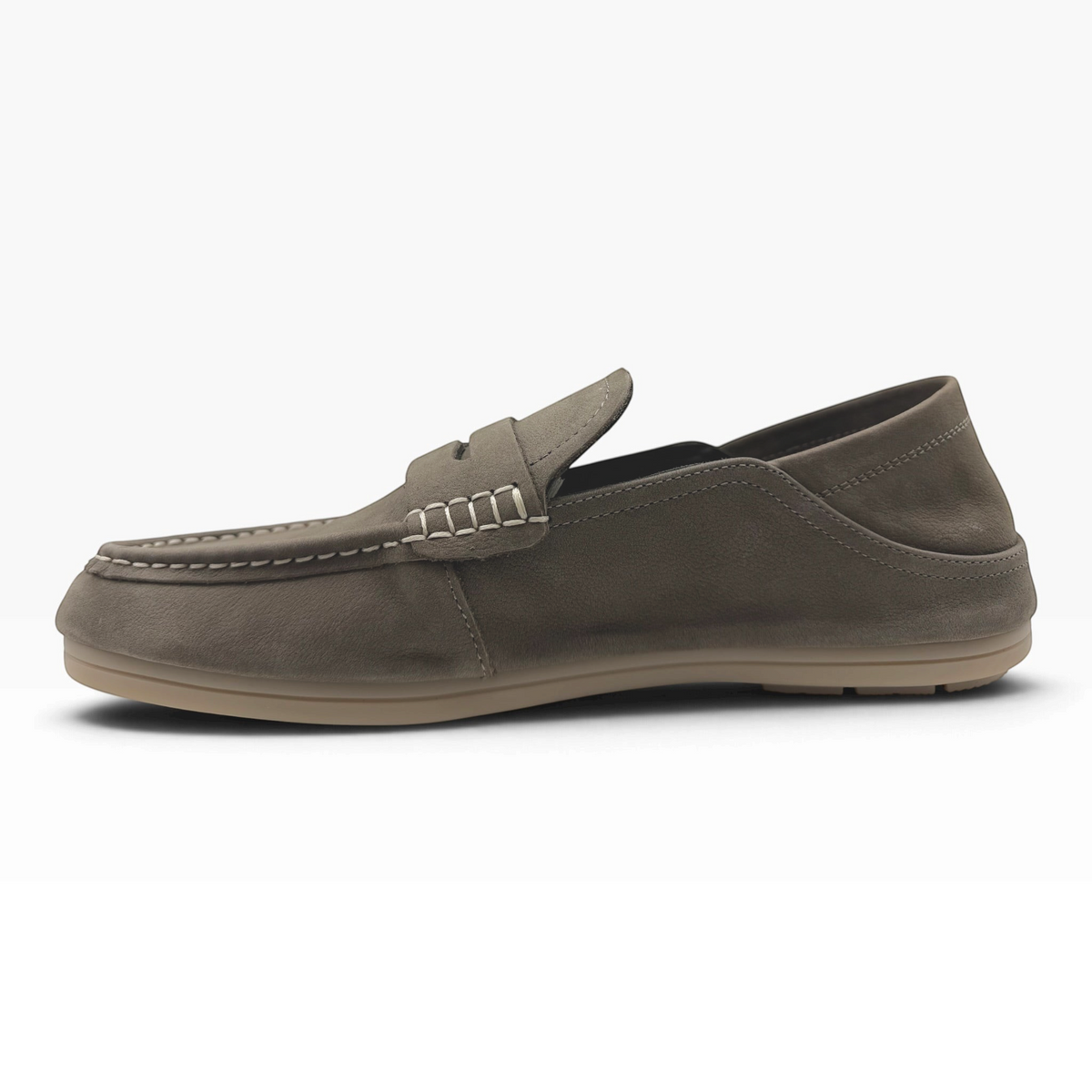 The Shoe Shop Flint brown nubuck leather penny loafer with moc-toe stitching and a flexible gum rubber sole.