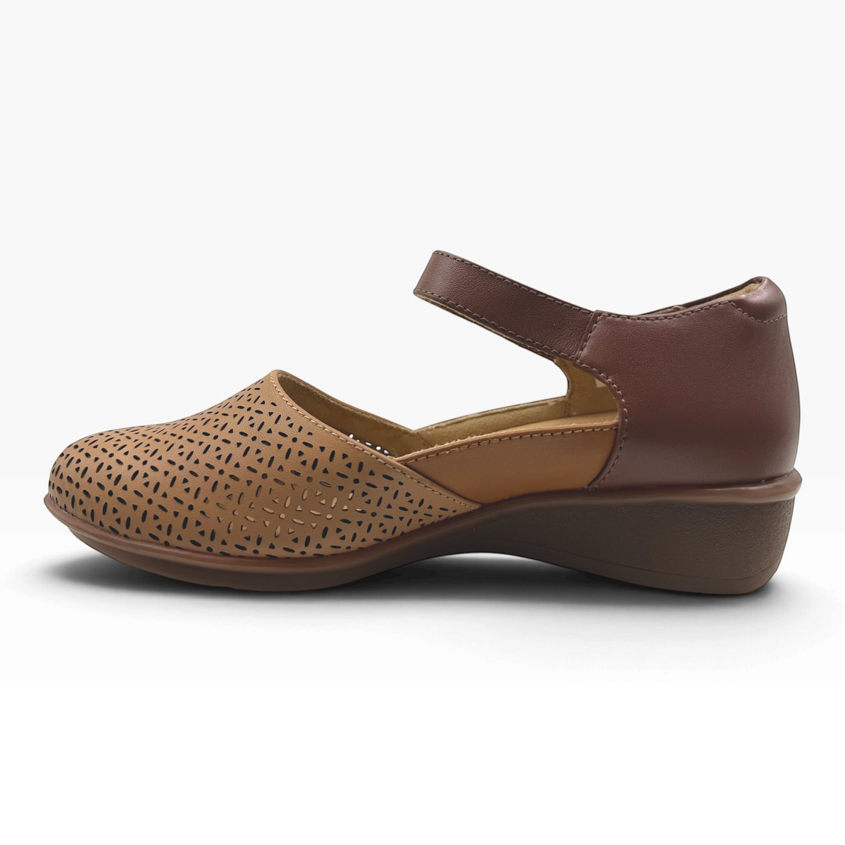 The Shoe Shop Osaka Wide Sandal in two-tone brown leather with a perforated upper, ankle strap, and low wedge heel.