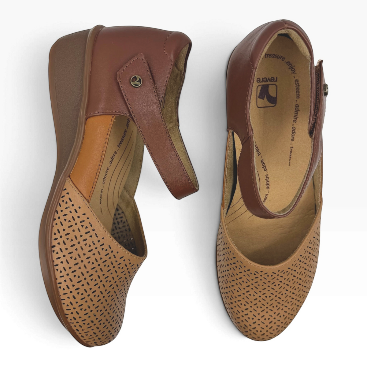 The Shoe Shop Osaka Wide Sandal in tan and brown perforated leather with an adjustable ankle strap and low wedge sole.