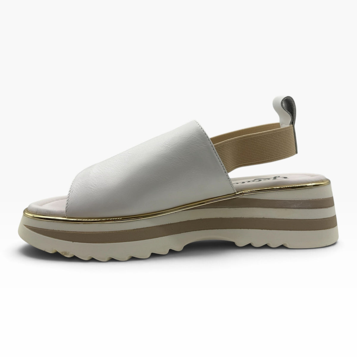 The Shoe Shop Gisborne white leather platform sandal with elasticated back strap and metallic trim detail.