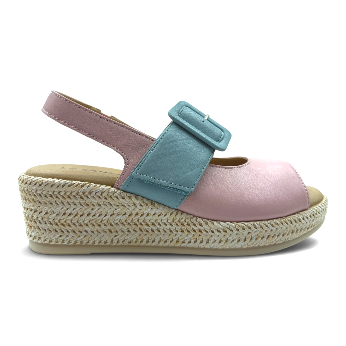 The Shoe Shop Parola two-tone pink and blue leather wedge sandal with a raffia-covered sole and adjustable strap.
