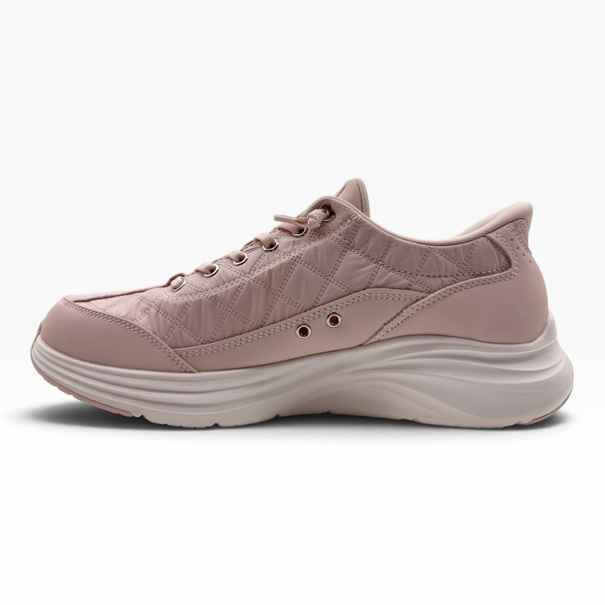 The Shoe Shop pink quilted slip-on sneaker with a thick white cushioned midsole and supportive heel design.