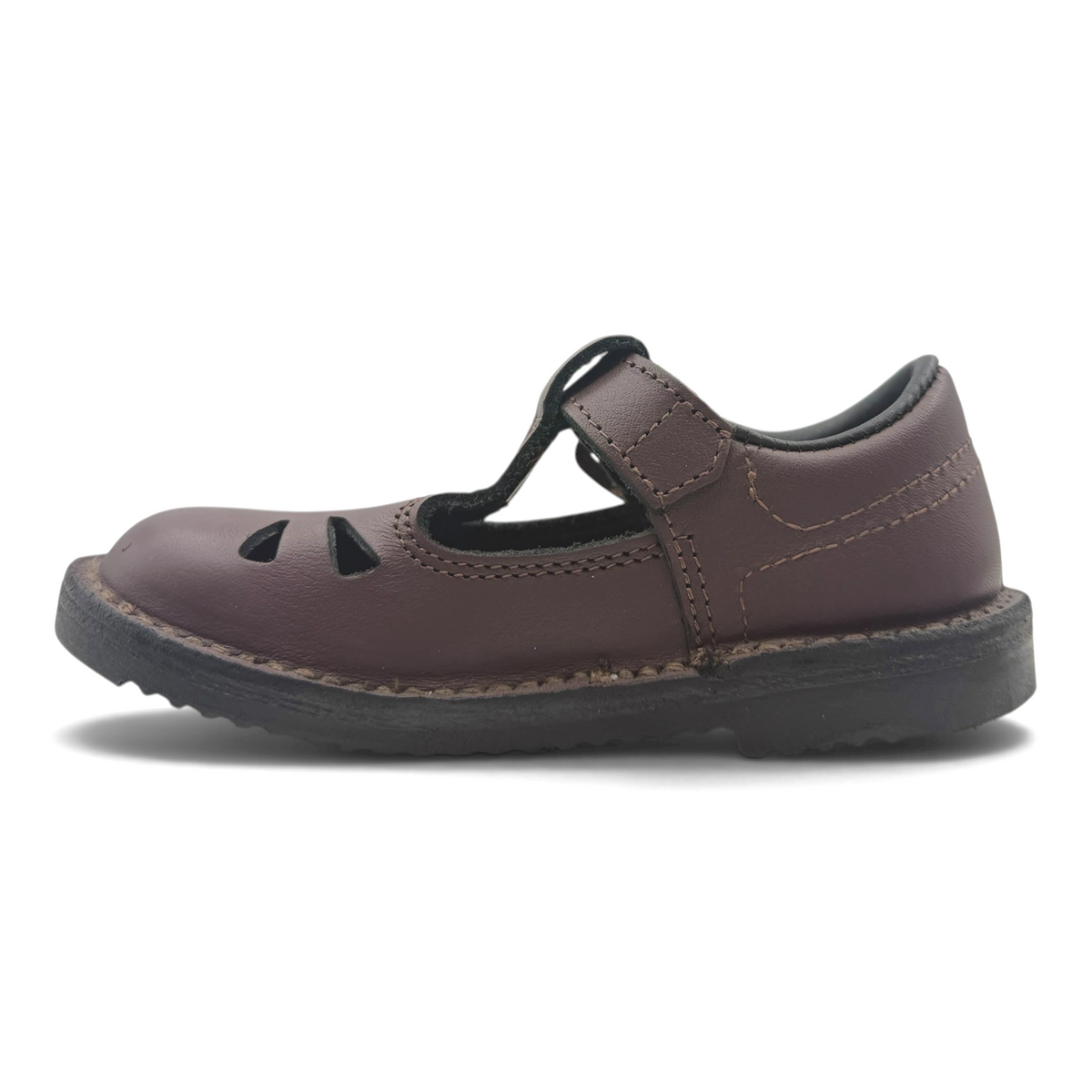 The Shoe Shop Rio brown leather T-bar school shoe with a durable rubber sole, side view.