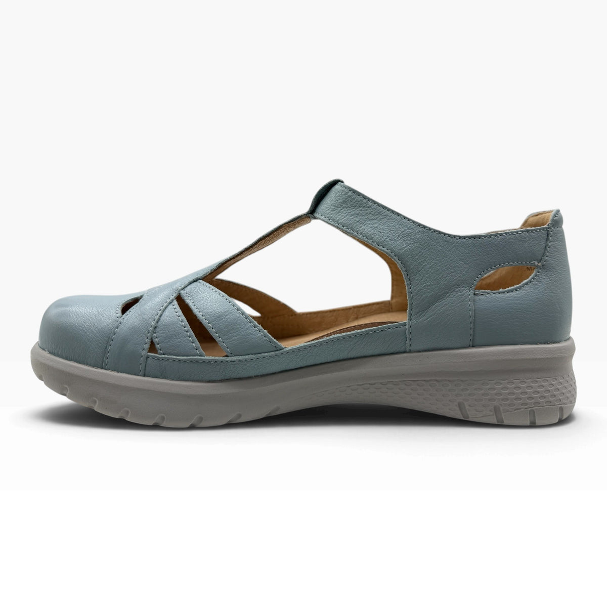 The Shoe Shop Sinsta blue leather orthopedic sandal with adjustable strap and supportive footbed, side view.