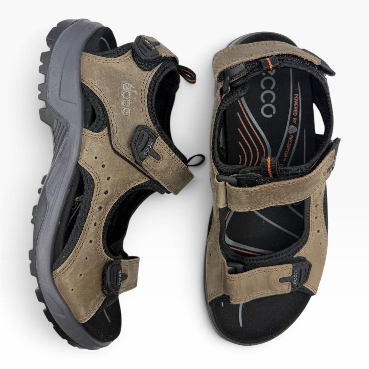 The Shoe Shop mens brown leather nubuck outdoor sandals with three adjustable straps and moulded EVA footbed.
