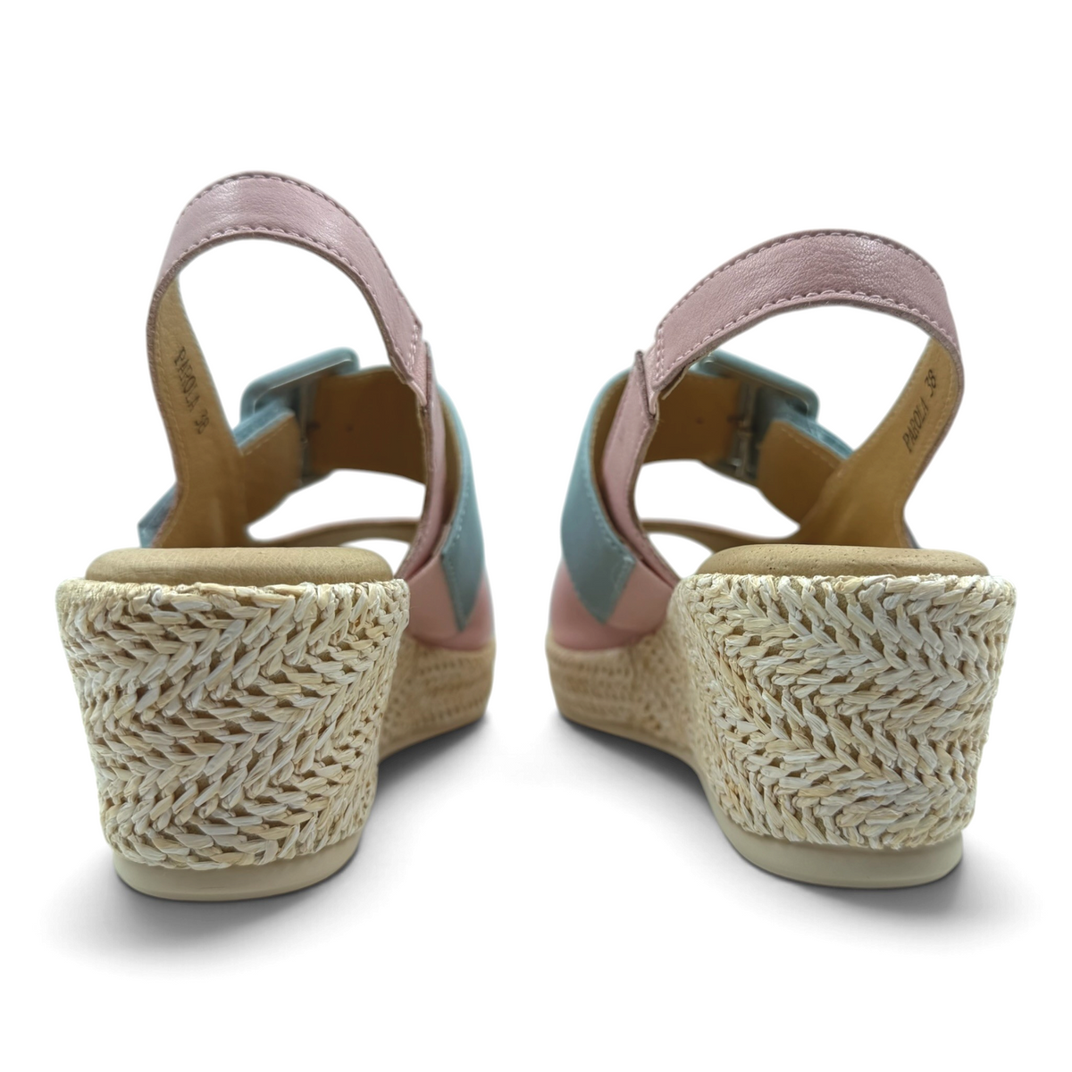 The Shoe Shop Parola two-tone leather wedge sandals with raffia-covered heels and adjustable straps, back view.