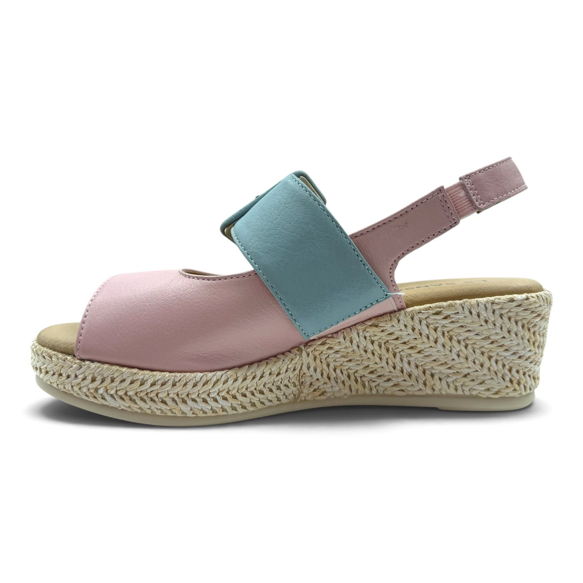 The Shoe Shop Parola two-tone pink and blue leather wedge sandal with a raffia-covered sole and adjustable strap.