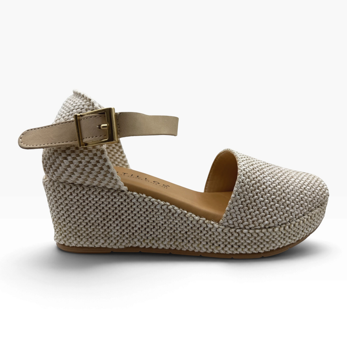 The Shoe Shop 11260 Pitillos beige woven wedge sandal with an adjustable ankle strap and gold buckle