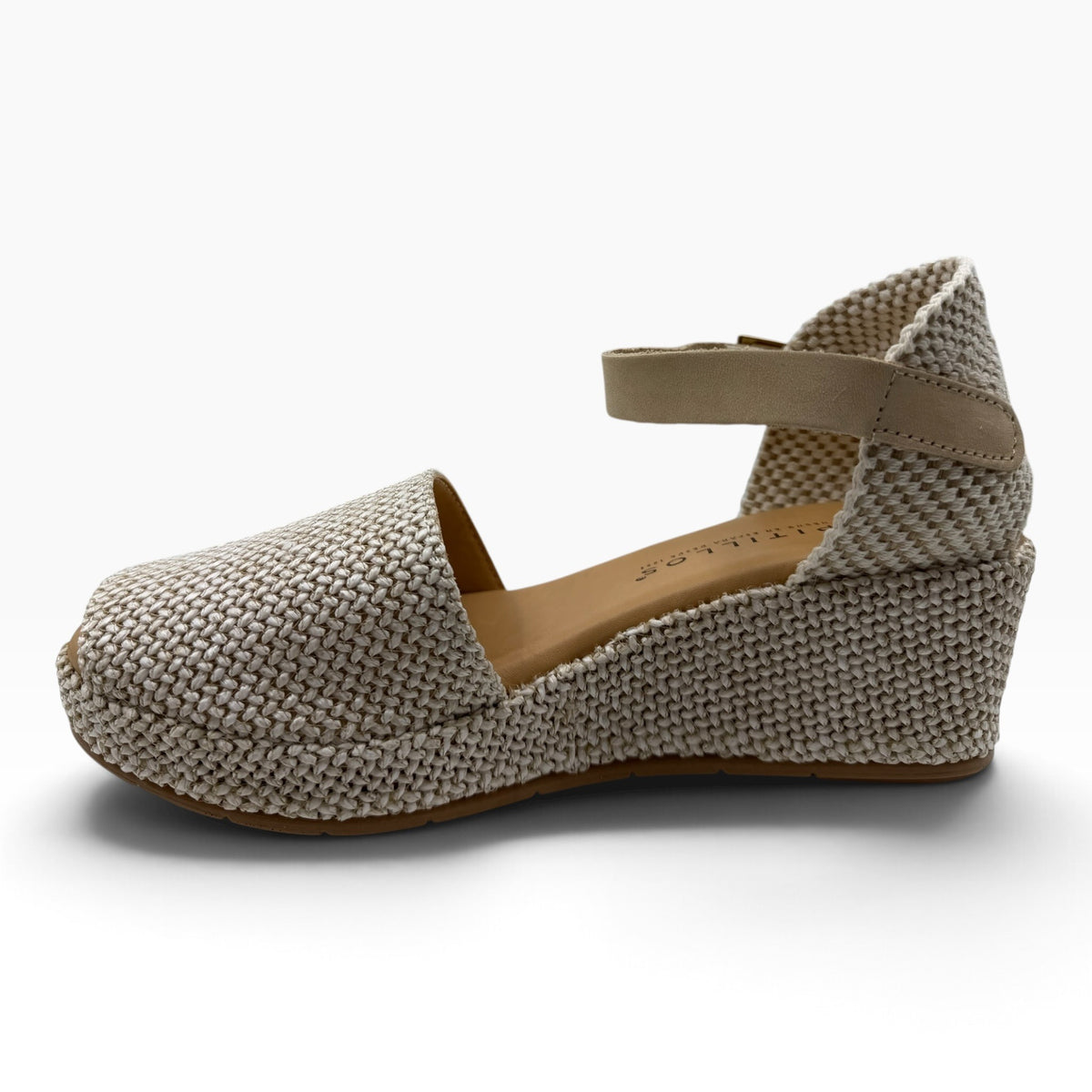 The Shoe Shop 11260 Pitillos beige woven wedge sandal with an ankle strap and closed toe design.