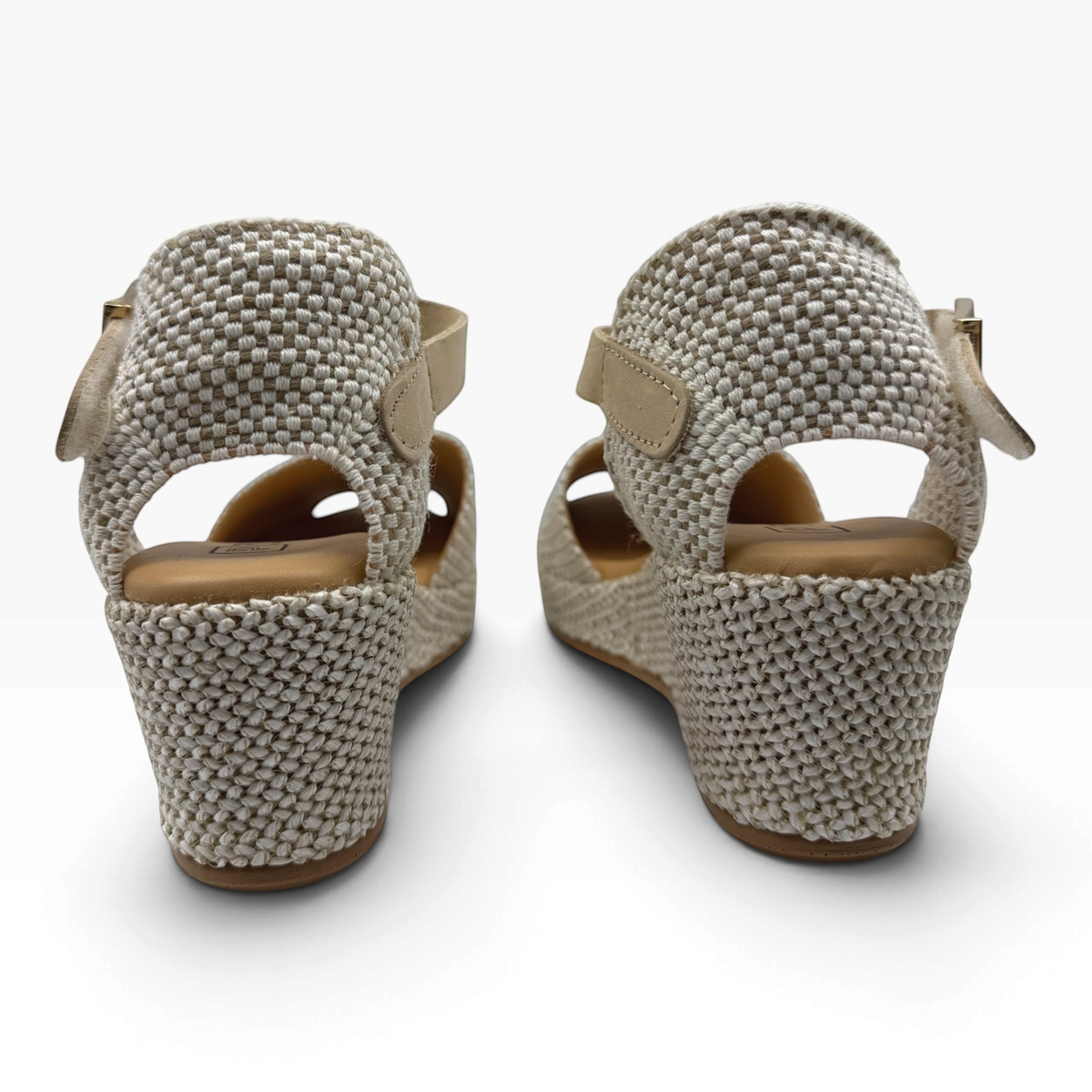 Back view of The Shoe Shop 11260 Pitillos beige woven wedge sandals with adjustable ankle straps