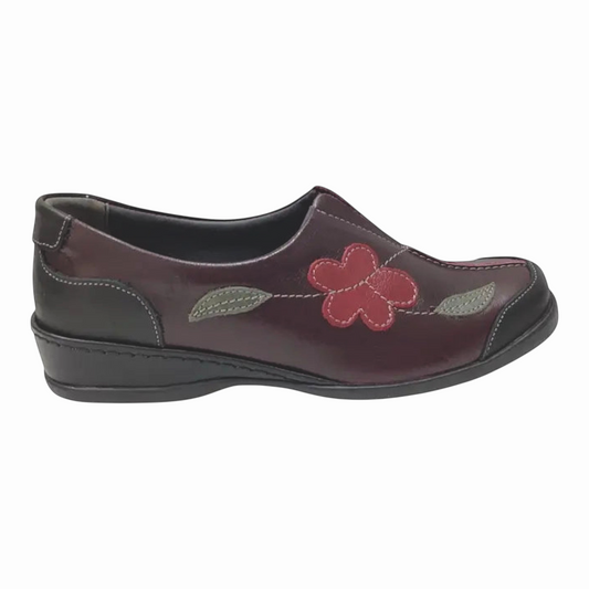 The Shoe Shop Adeline slip-on shoe in dark burgundy leather with decorative floral and leaf applique details
