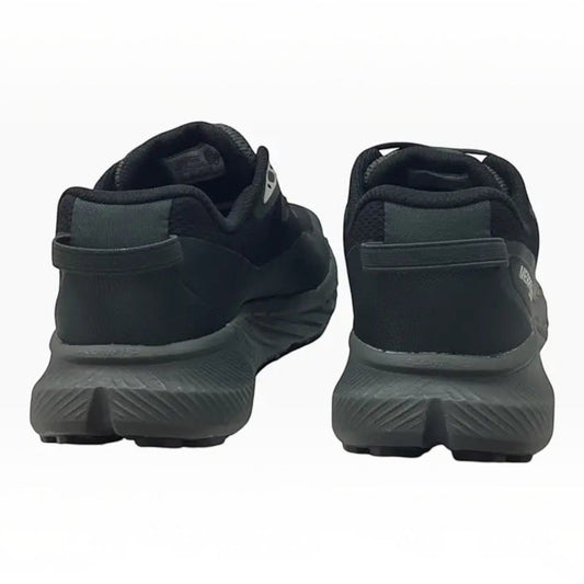 The Shoe Shop Agility Trail WP mens waterproof trail running shoes in black, rear view showing cushioned midsoles.