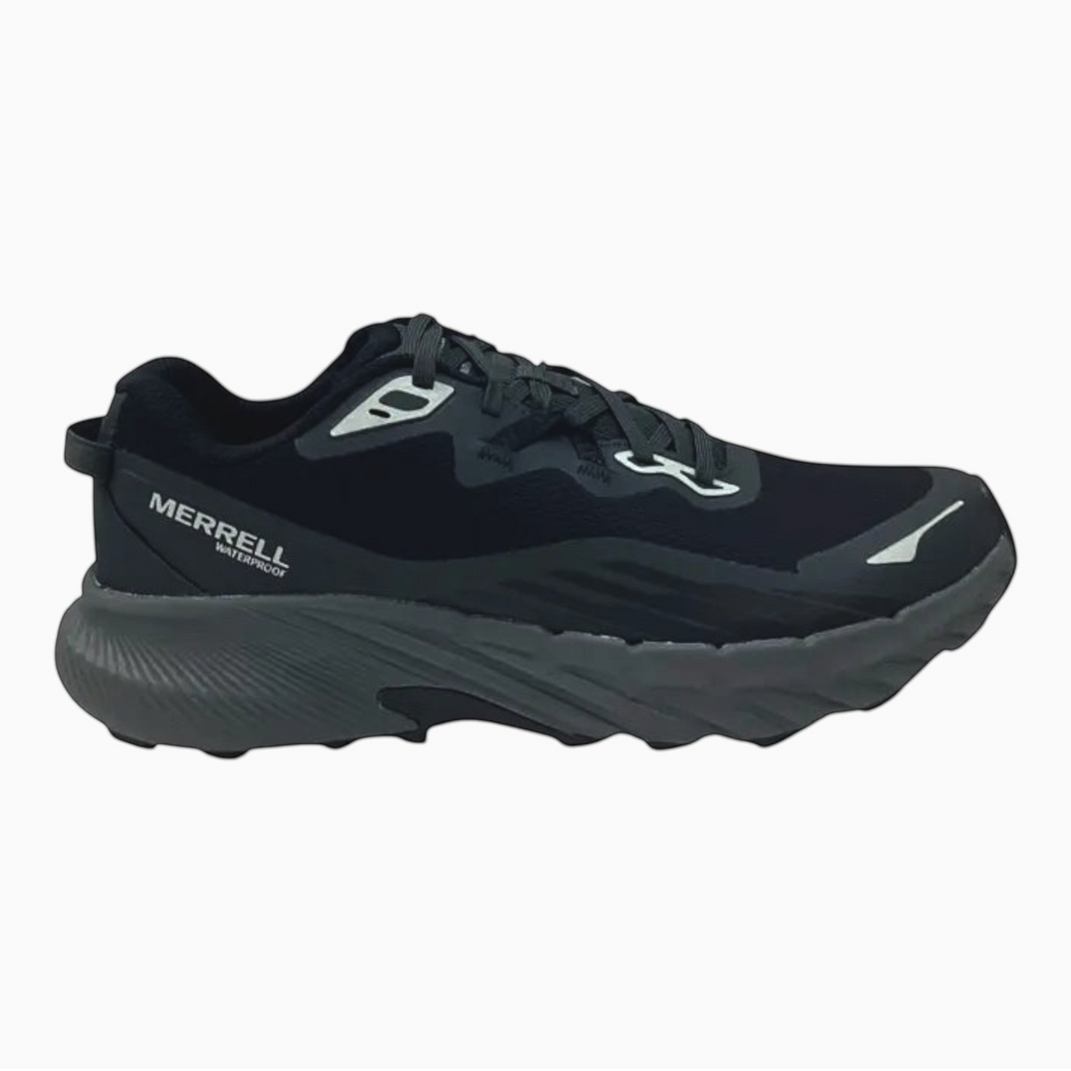 The Shoe Shop Agility Trail WP mens waterproof trail running shoe in black with a cushioned grey foam midsole.