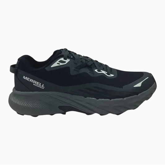 The Shoe Shop Agility Trail WP mens waterproof trail running shoe in black with a cushioned grey foam midsole.