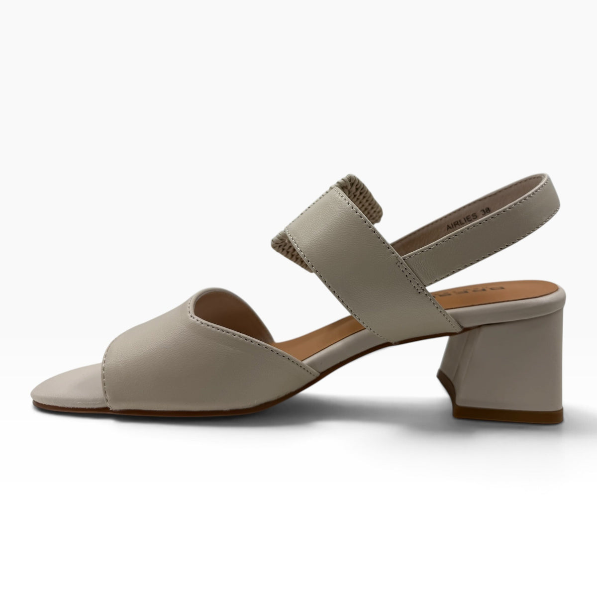 The Shoe Shop Airlies beige leather low block heel sandal with a slingback strap and open toe design.