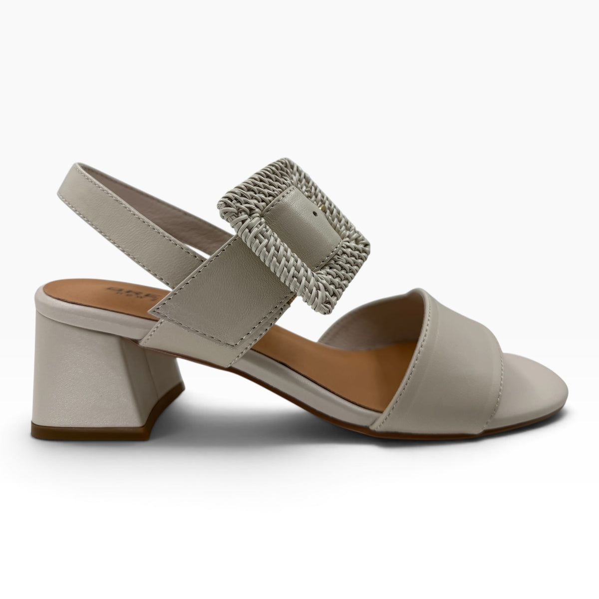 The Shoe Shop Airlies beige leather block heel sandal with a decorative woven square buckle and slingback strap