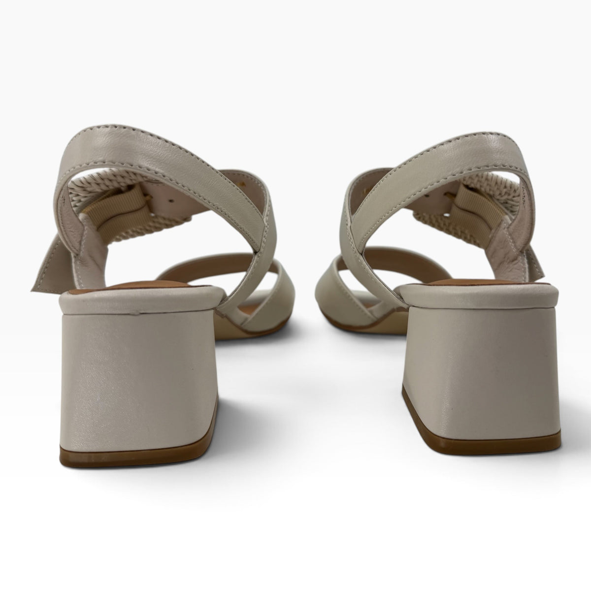 Rear view of The Shoe Shop Airlies beige leather block heel sandals with woven strap detail